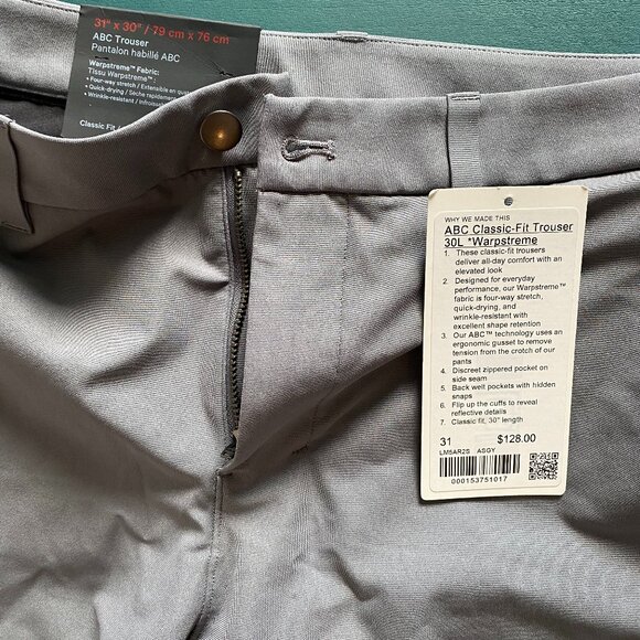 NWT - Lululemon Men's ABC Warpstreme Pants, 31x31, Classic Fit, Silver Drop - Picture 1 of 3